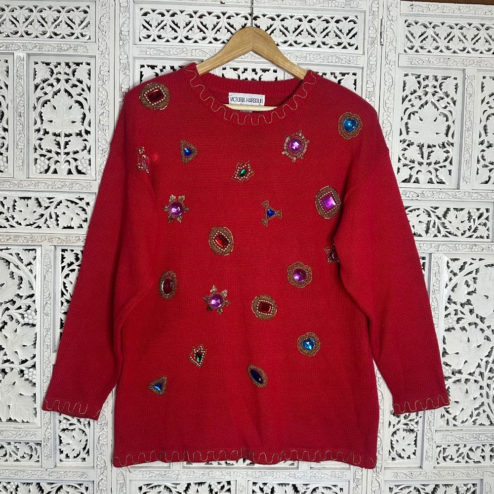 Vintage Victoria Harbour Jewel Bedazzled Colorful Artsy Red 80's Sweater Sz‎ L
